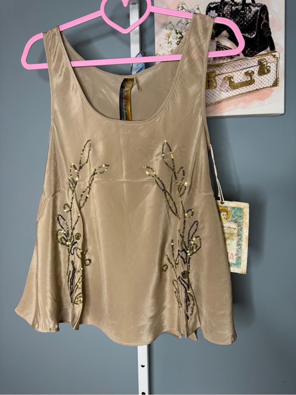 Aratta Silk Beaded Taupe Tank Top